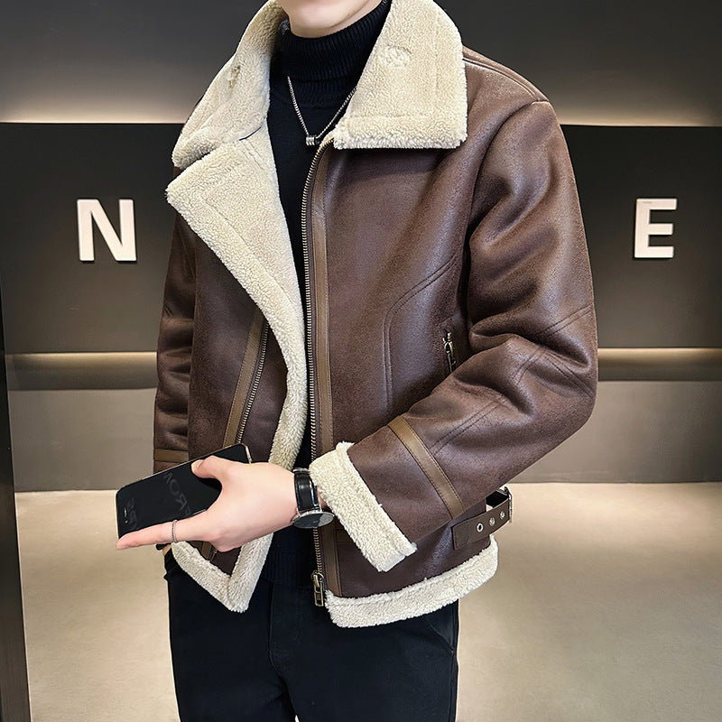 Men’s Fleece-Lined Leather Motorcycle Jacket with Integrated Fur Thick & Warm