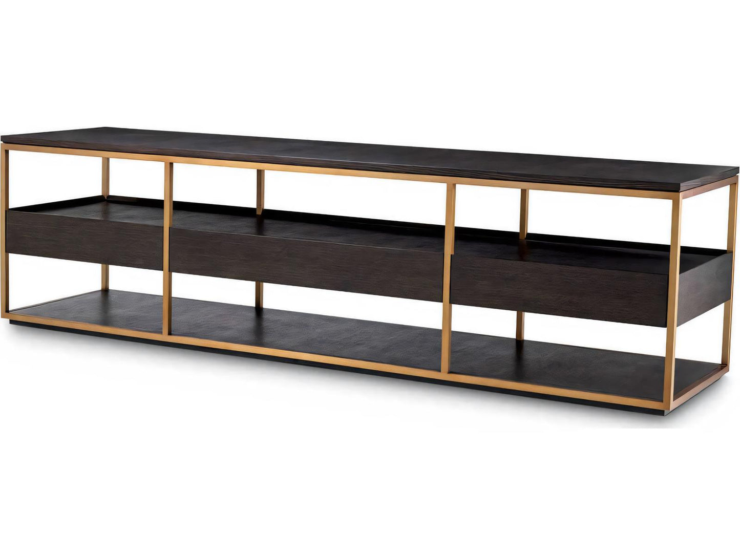 Parker L Mocha Straight Oak Veneer TV Cabinet with Brushed Brass Finish