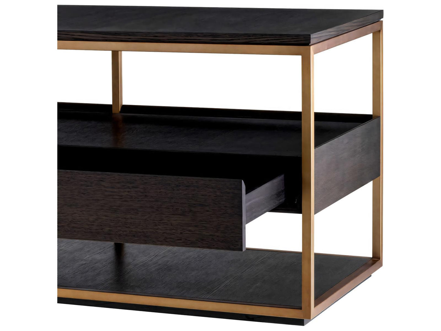 Parker L Mocha Straight Oak Veneer TV Cabinet with Brushed Brass Finish