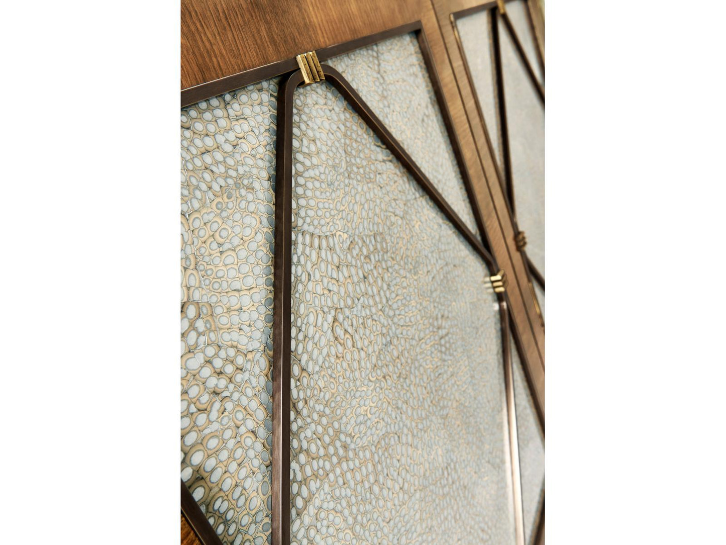 Toulouse Walnut Wood Media Console with Duck Eggshell Inlay
