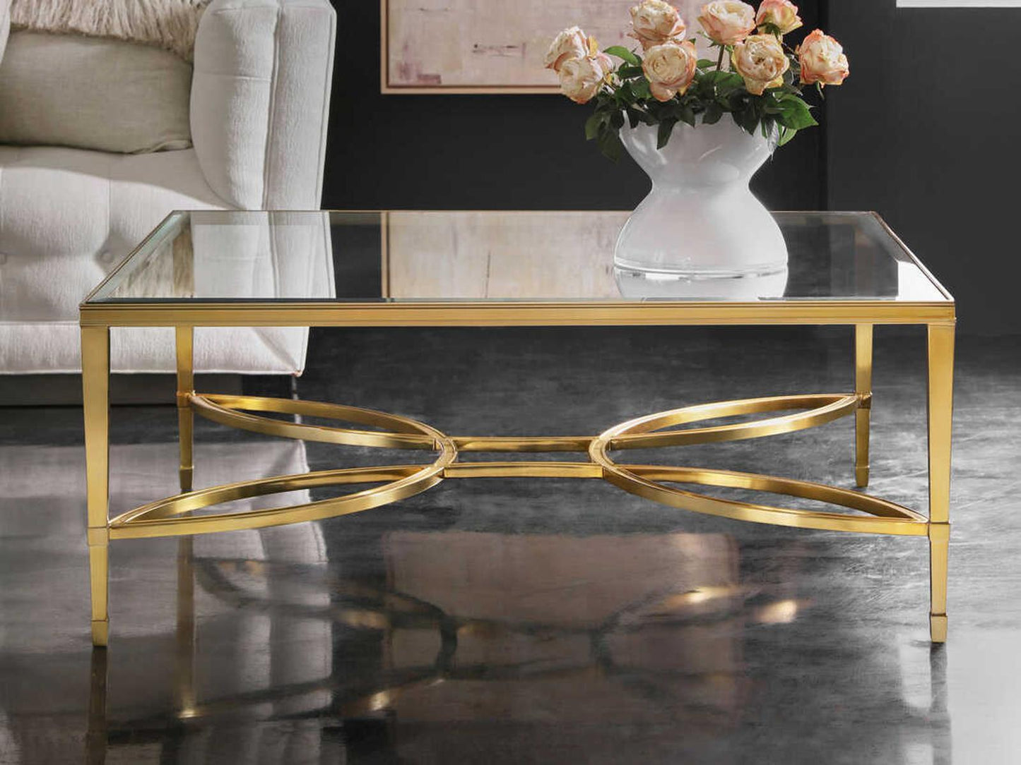 Brielle Rectangular Glass Coffee Table with Polished Brass Frame