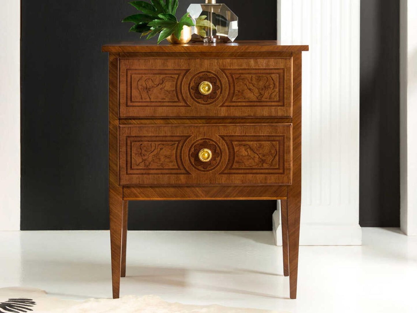 Bezier 2-Drawer Nightstand in Brown Burlwood with Brass