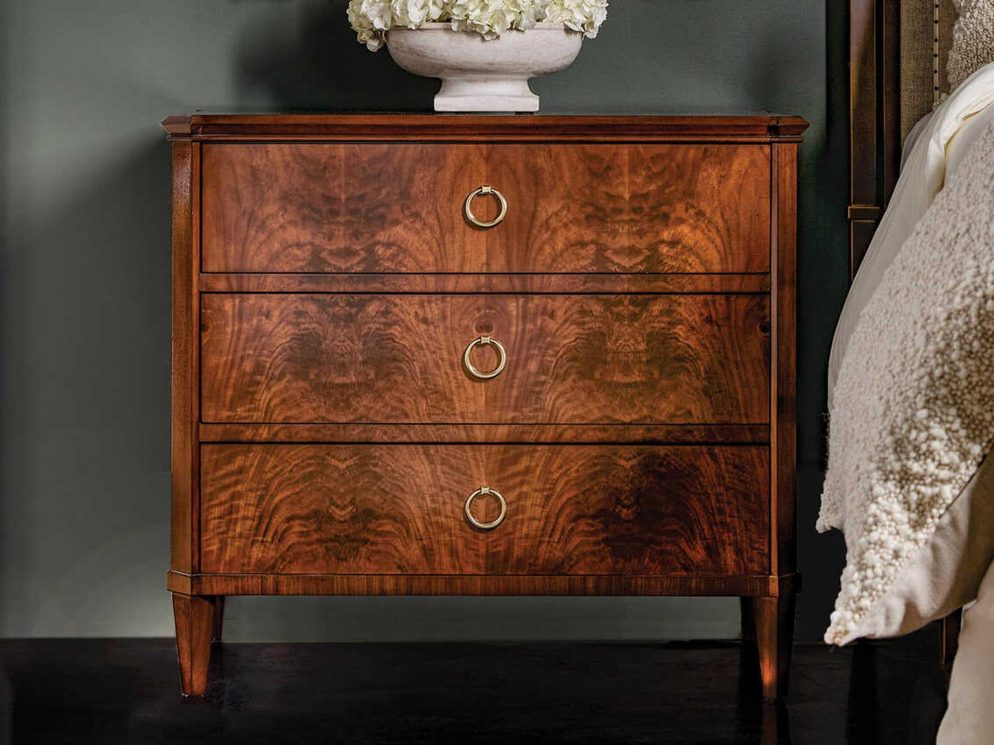 Connery 3-Drawer Walnut Veneer Nightstand with Brass Pulls