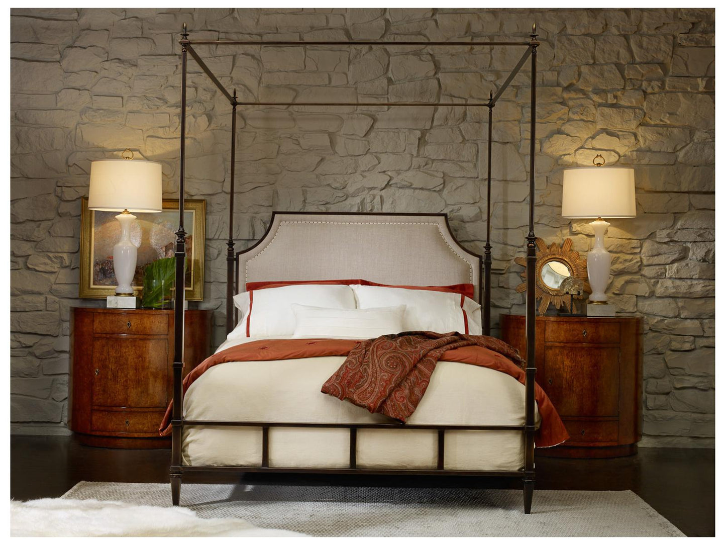Bronze Metal King Canopy Bed with Linen Headboard