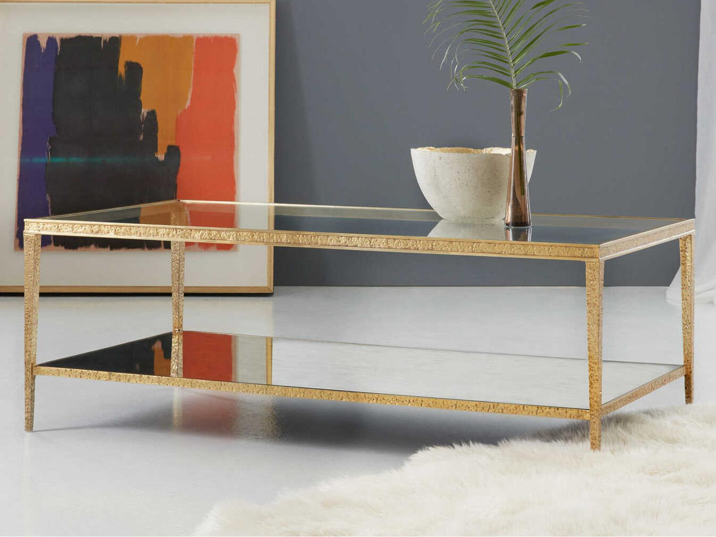 Sculpture Rectangular Glass Coffee Table in Antique Brass