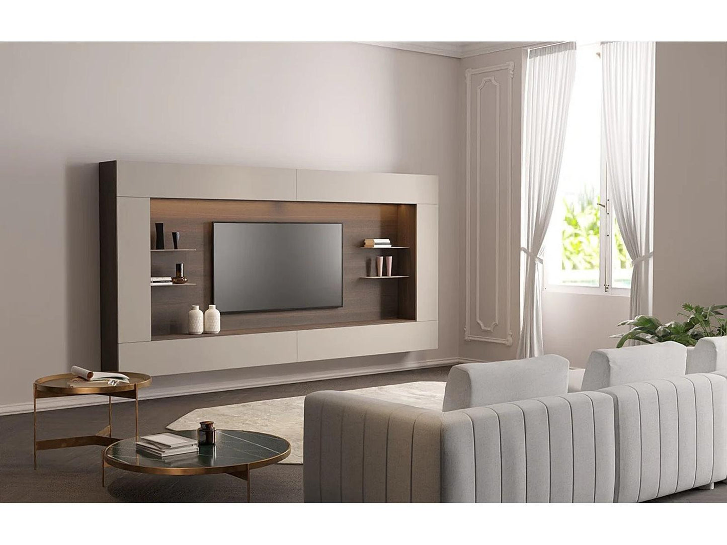 Spazio 142 Inch Wall Unit with Walnut and White Matt Lacquer