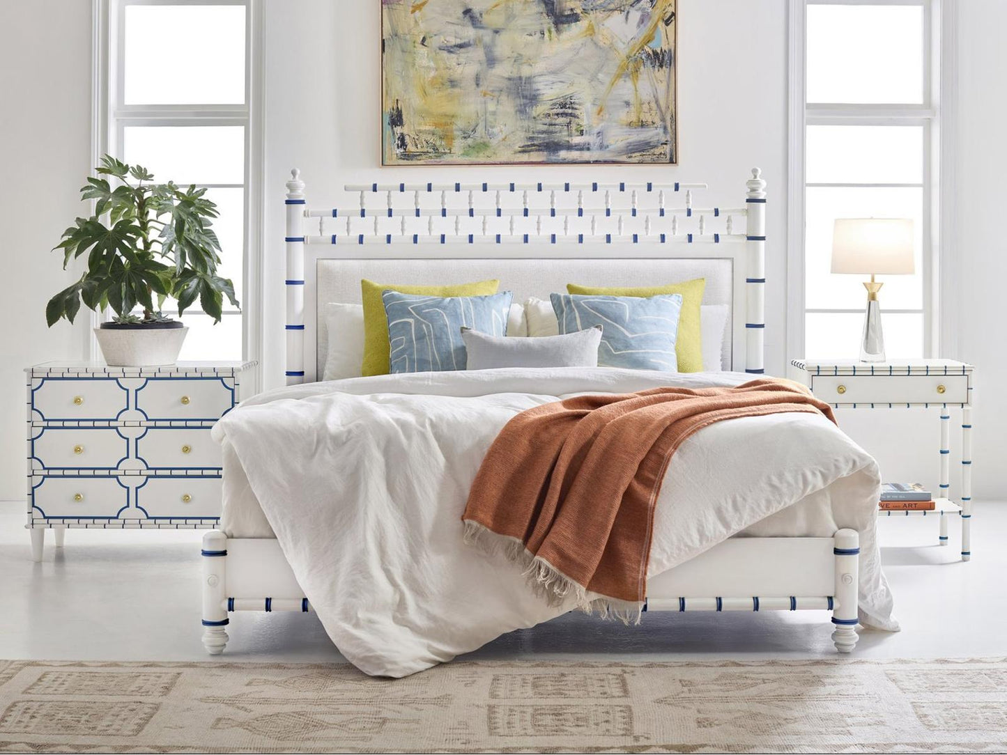 Greenwich Three-Drawer Bedside Chest in Powdered Sugar with Harbor Blue Accent