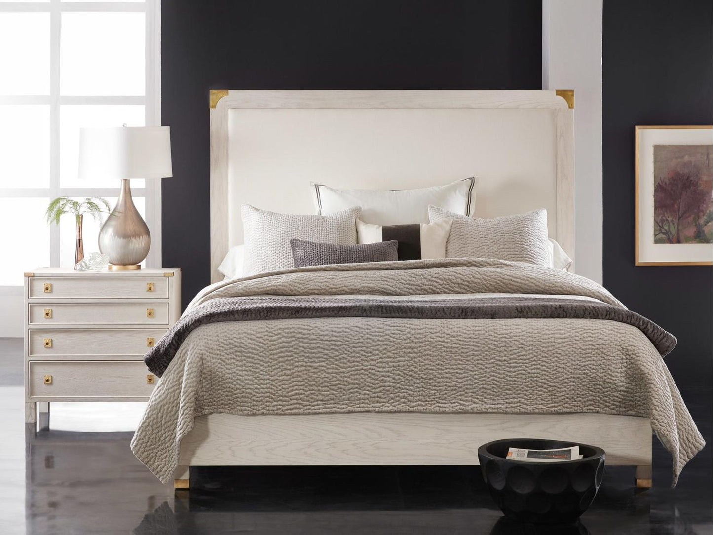 Windward Upholstered Queen Platform Bed in Cottage White with Brass Accents