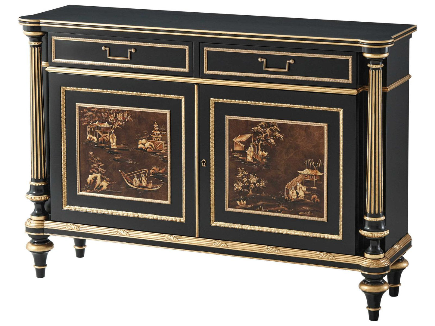 45" Mahogany Wood Chinoiserie Antique Gold Gilt Black Sideboard