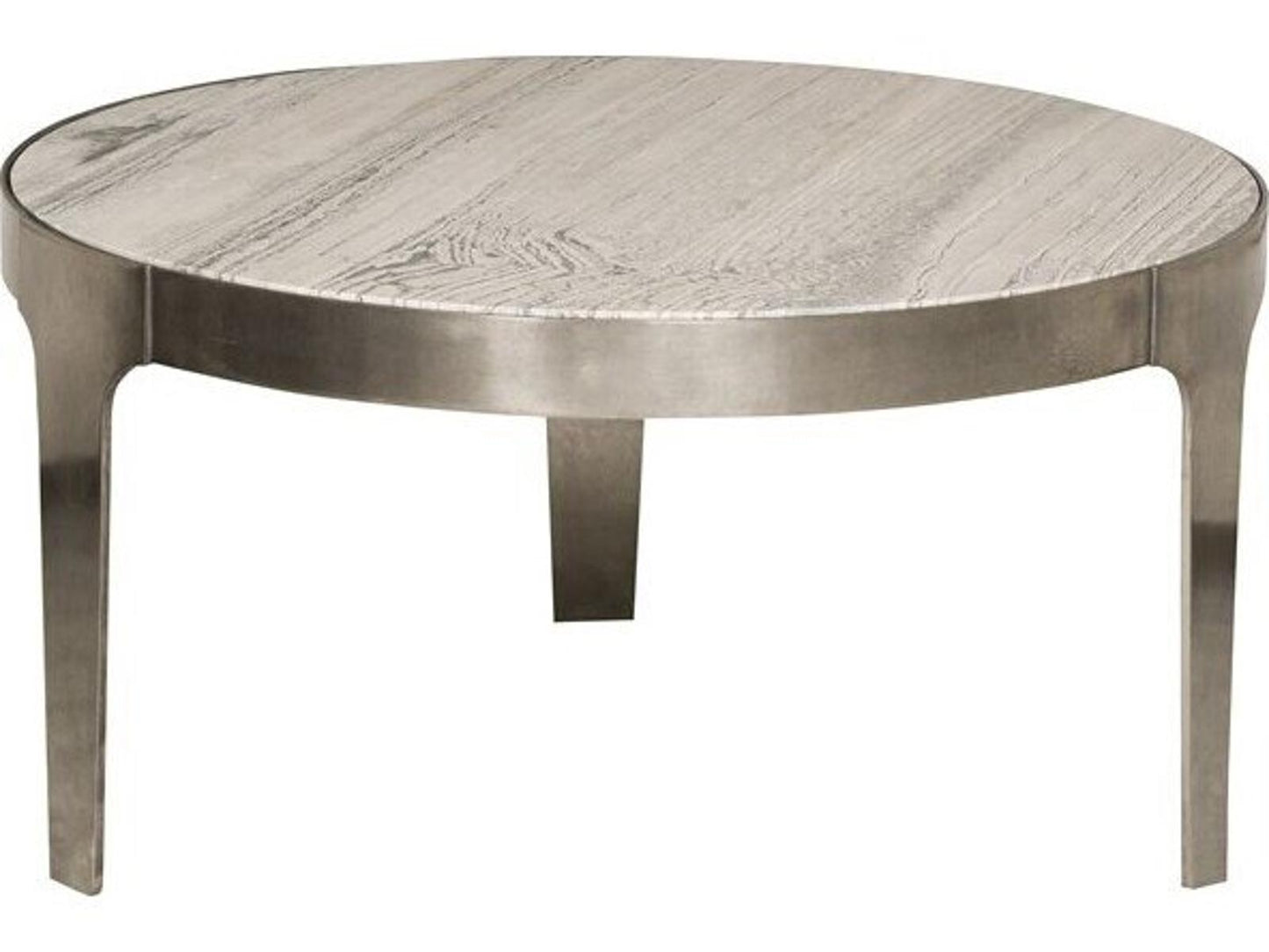 Noa Round Coffee Table with Aged Silver Metal Base and Travertine Top