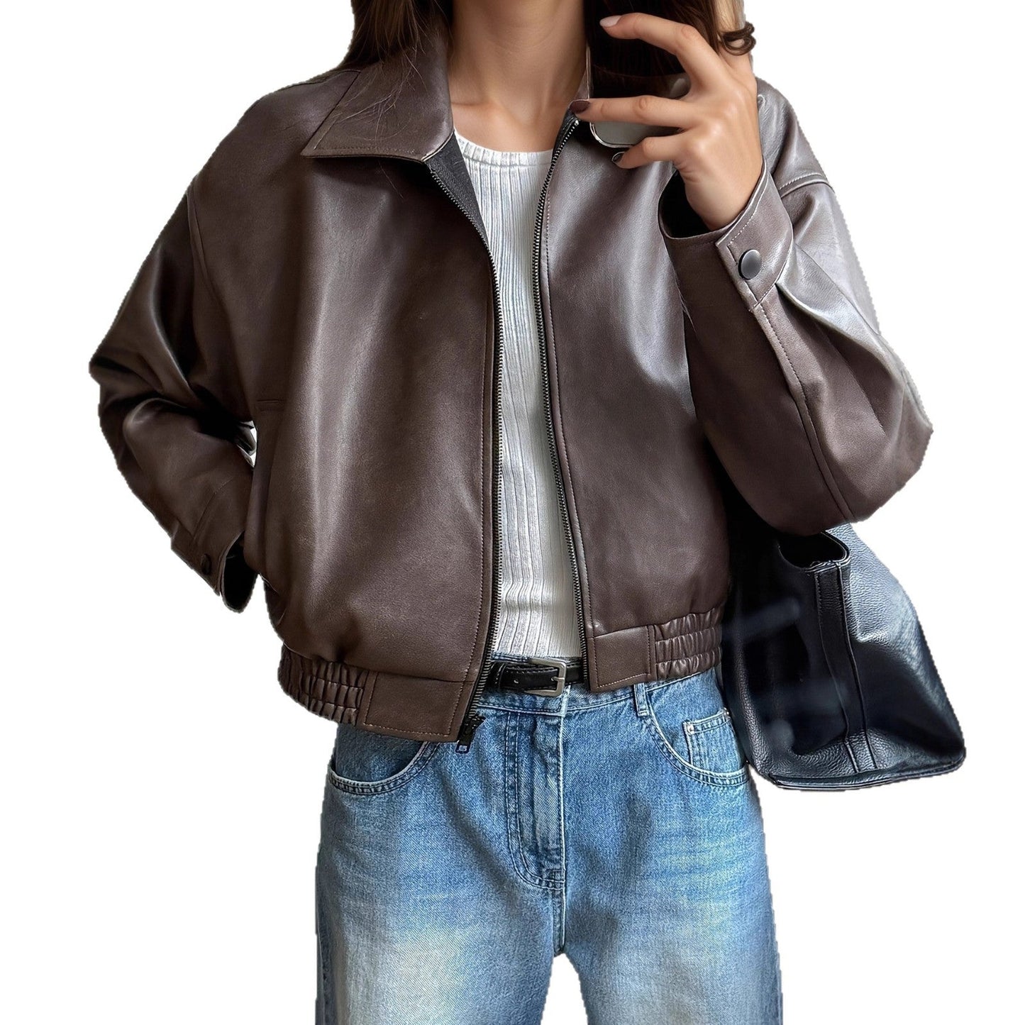 Women’s Retro Long-Sleeve Leather Jacket Vintage Chic Coat