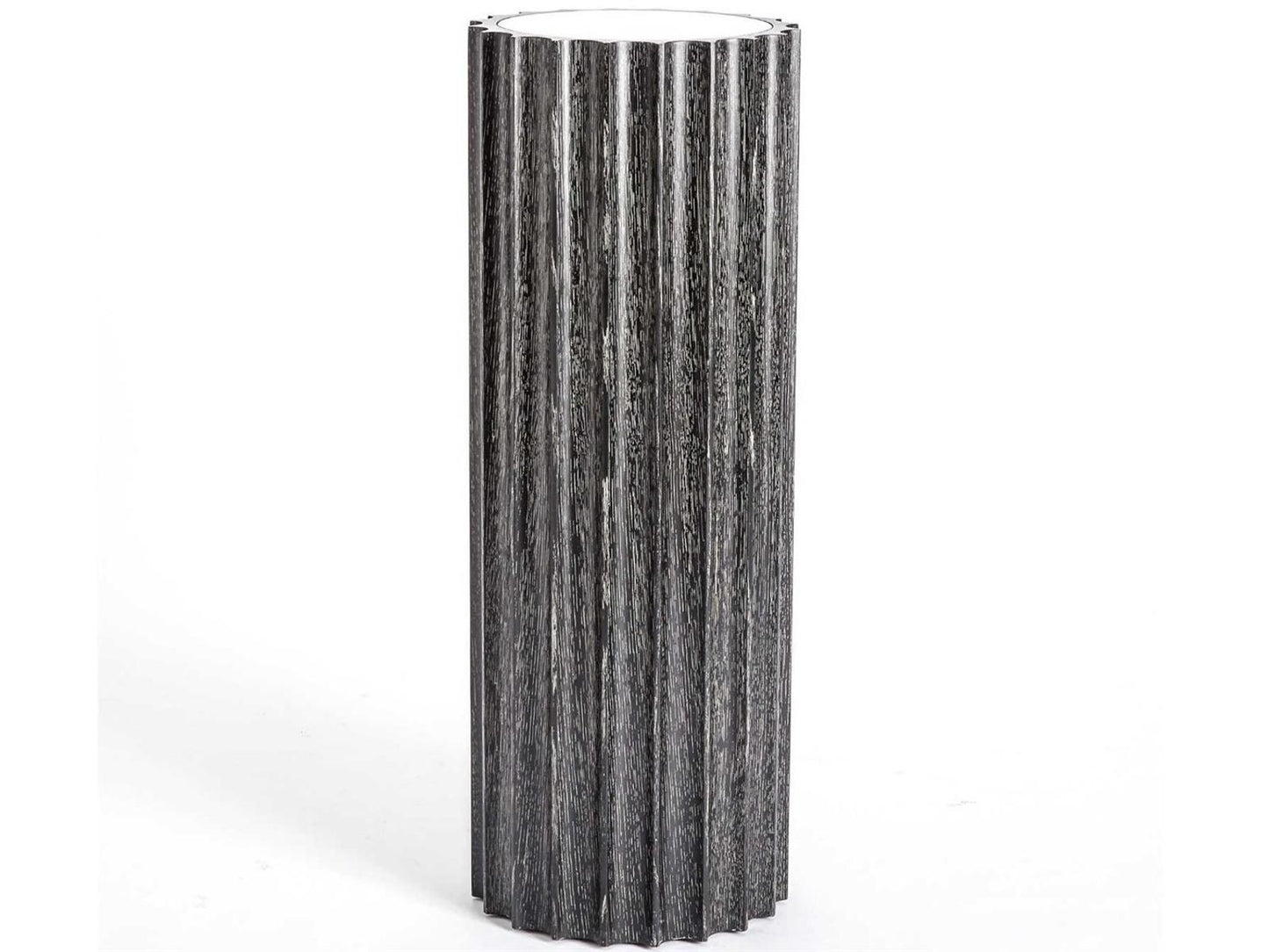 Reflective Column Round Glass End Table in Black Cerused Oak