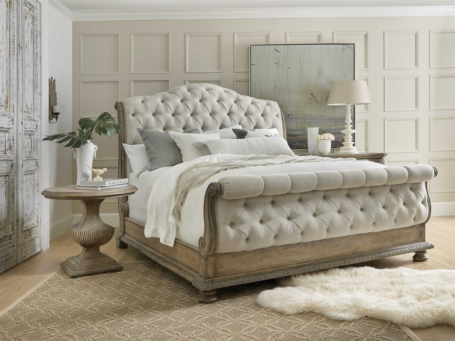 Castella King Tufted Bed in Natural Tan Performance Fabric
