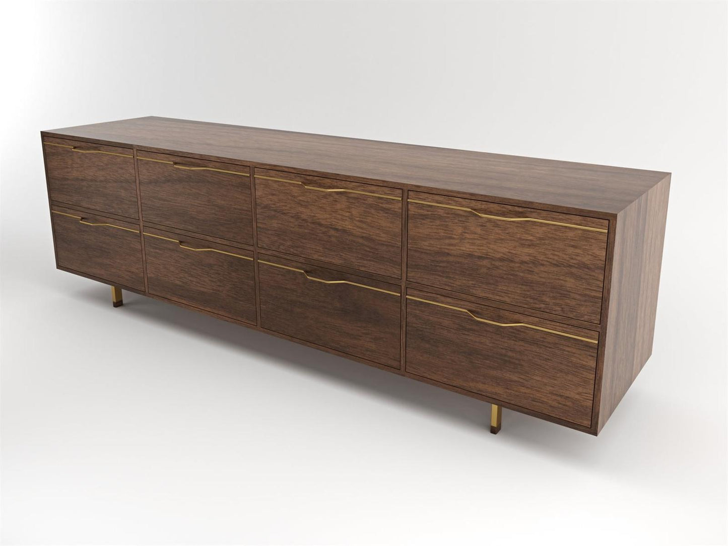 Chapman Storage Long 8-Drawer Double Dresser Walnut Wood with Brassy Gold Finish
