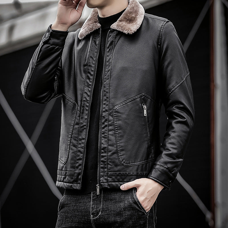 Fashionable Men’s Warm Leather Jacket Stylish Lapel Winter Outerwear for Casual Wear