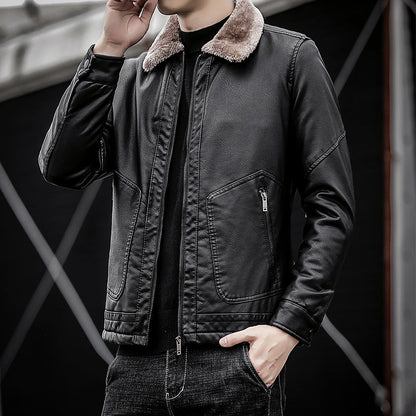 Fashionable Men’s Warm Leather Jacket Stylish Lapel Winter Outerwear for Casual Wear