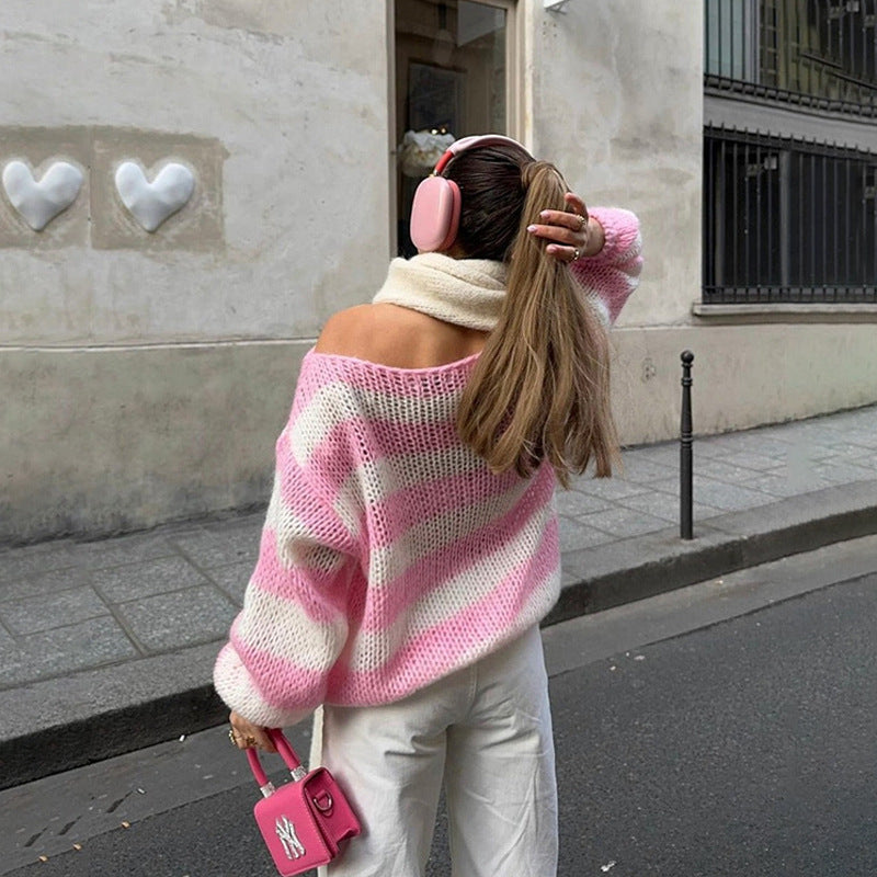 Women’s Casual Striped Knit Sweater Relaxed Fit Long-Sleeve Pullover