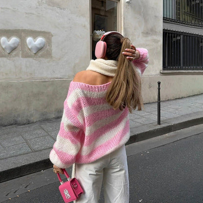 Women’s Casual Striped Knit Sweater Relaxed Fit Long-Sleeve Pullover