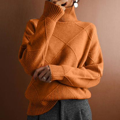 Women’s Loose High-Neck Knit Sweater Warm Solid-Color Cozy Style
