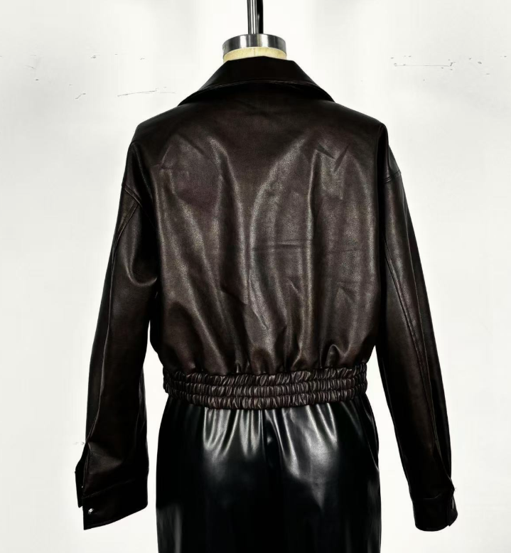 Women’s Retro Long-Sleeve Leather Jacket Vintage Chic Coat