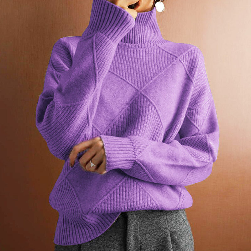 Women’s Loose High-Neck Knit Sweater Warm Solid-Color Cozy Style