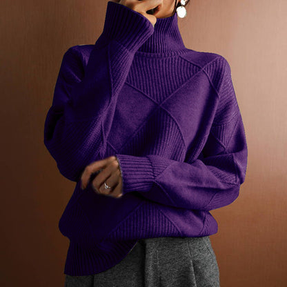 Women’s Loose High-Neck Knit Sweater Warm Solid-Color Cozy Style