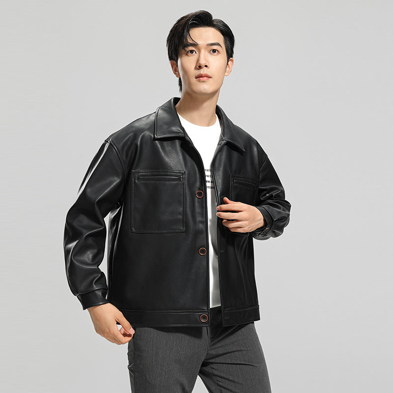 Men’s Youth Motorcycle Leather Jacket Lapel Stylish Biker Coat