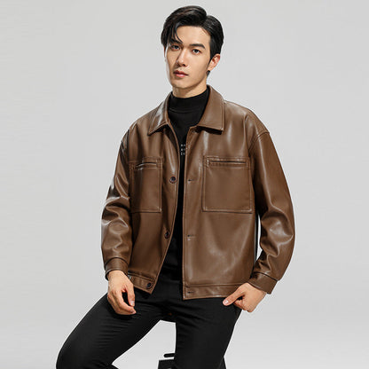 Men’s Youth Motorcycle Leather Jacket Lapel Stylish Biker Coat