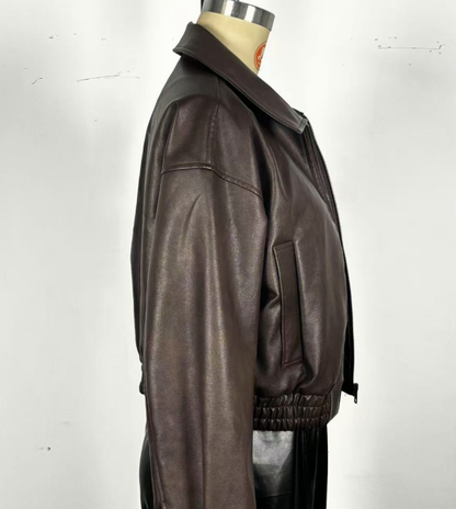 Women’s Retro Long-Sleeve Leather Jacket Vintage Chic Coat