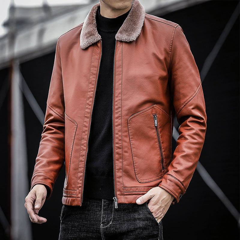 Fashionable Men’s Warm Leather Jacket Stylish Lapel Winter Outerwear for Casual Wear