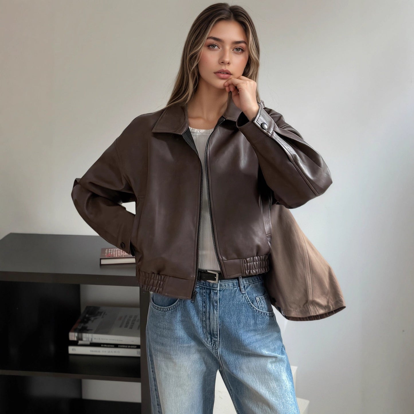 Women’s Retro Long-Sleeve Leather Jacket Vintage Chic Coat