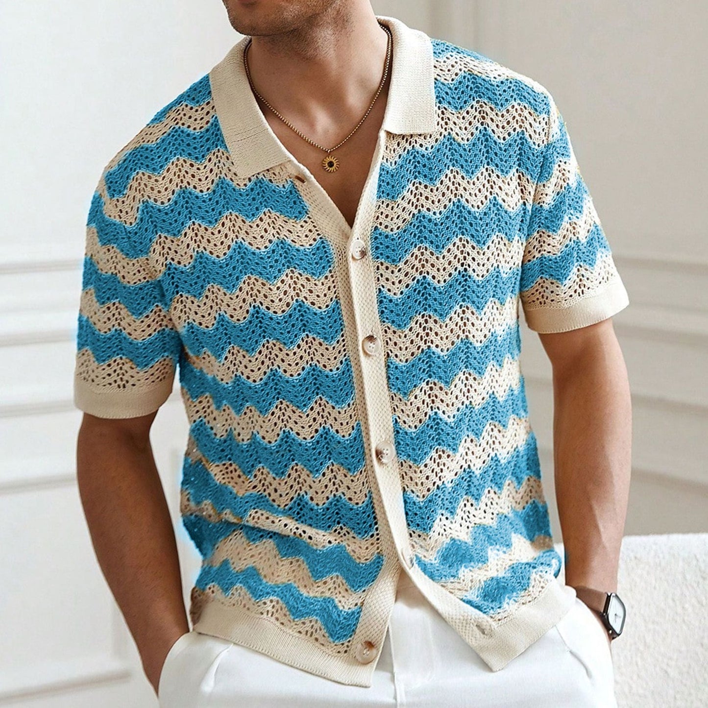 Men’s Hollow Jacquard Corrugated Shirt Stylish Textured Design