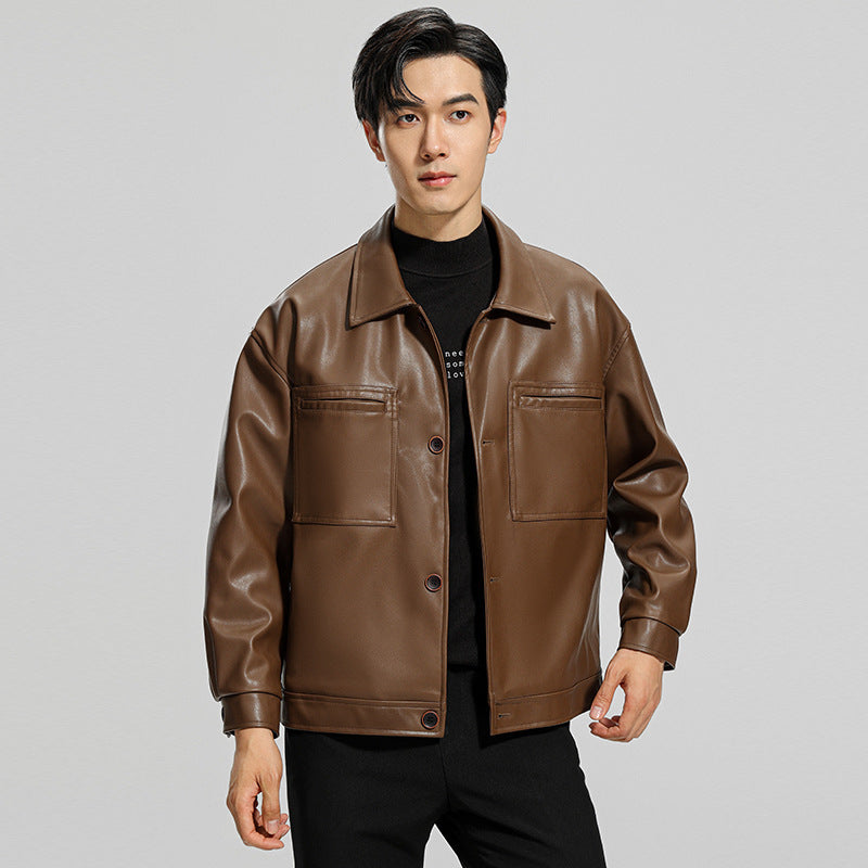 Men’s Youth Motorcycle Leather Jacket Lapel Stylish Biker Coat