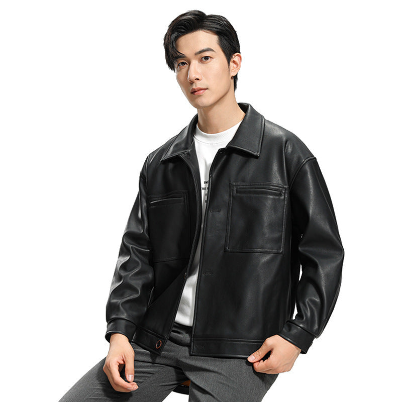 Men’s Youth Motorcycle Leather Jacket Lapel Stylish Biker Coat