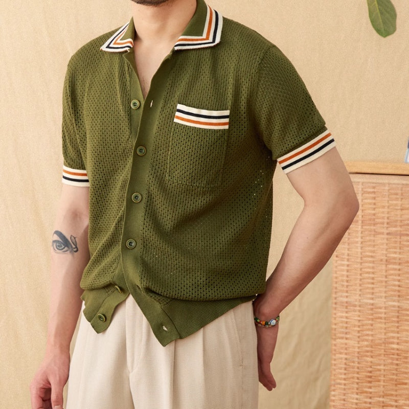 Men’s Casual Vacation Shirt Pure Cotton Hollow Short Sleeve