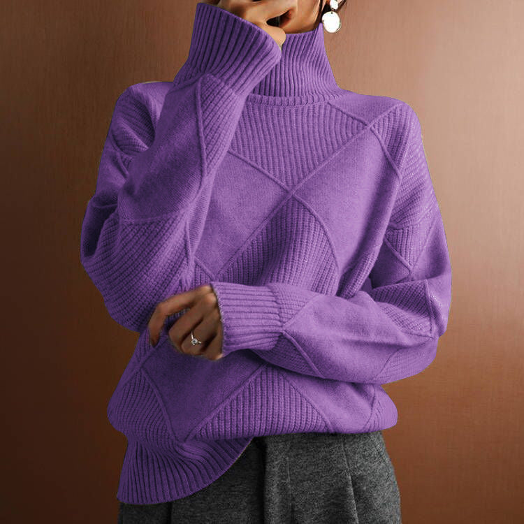 Women’s Loose High-Neck Knit Sweater Warm Solid-Color Cozy Style