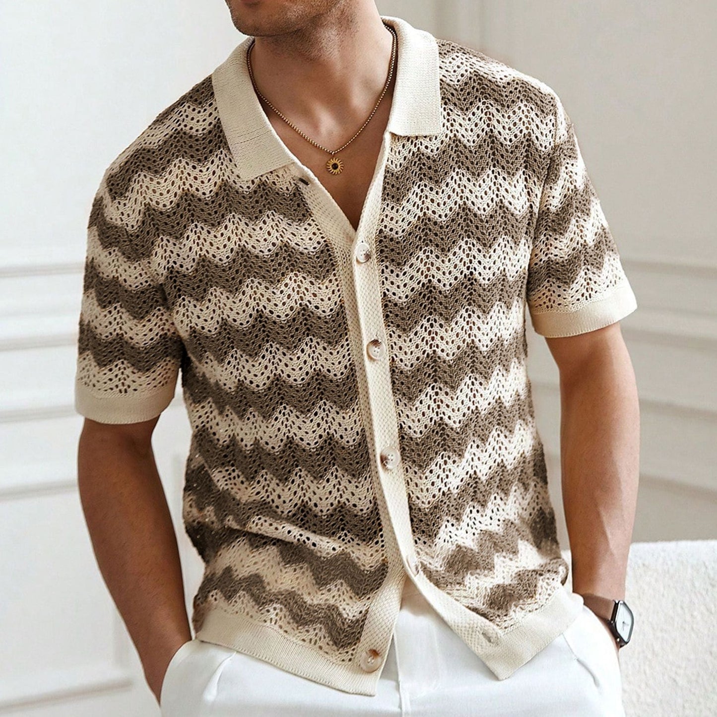 Men’s Hollow Jacquard Corrugated Shirt Stylish Textured Design