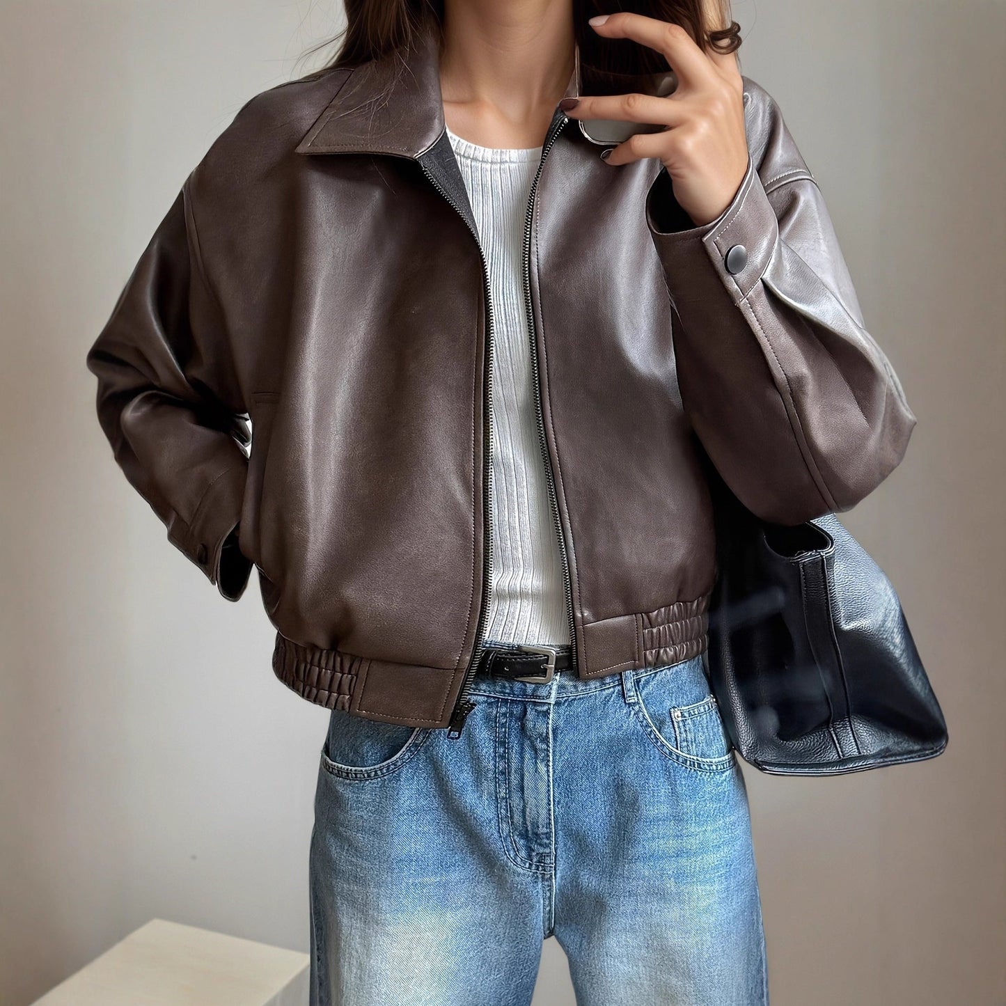 Women’s Retro Long-Sleeve Leather Jacket Vintage Chic Coat