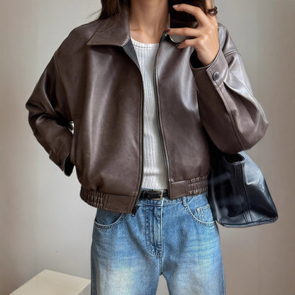 Women’s Retro Long-Sleeve Leather Jacket Vintage Chic Coat