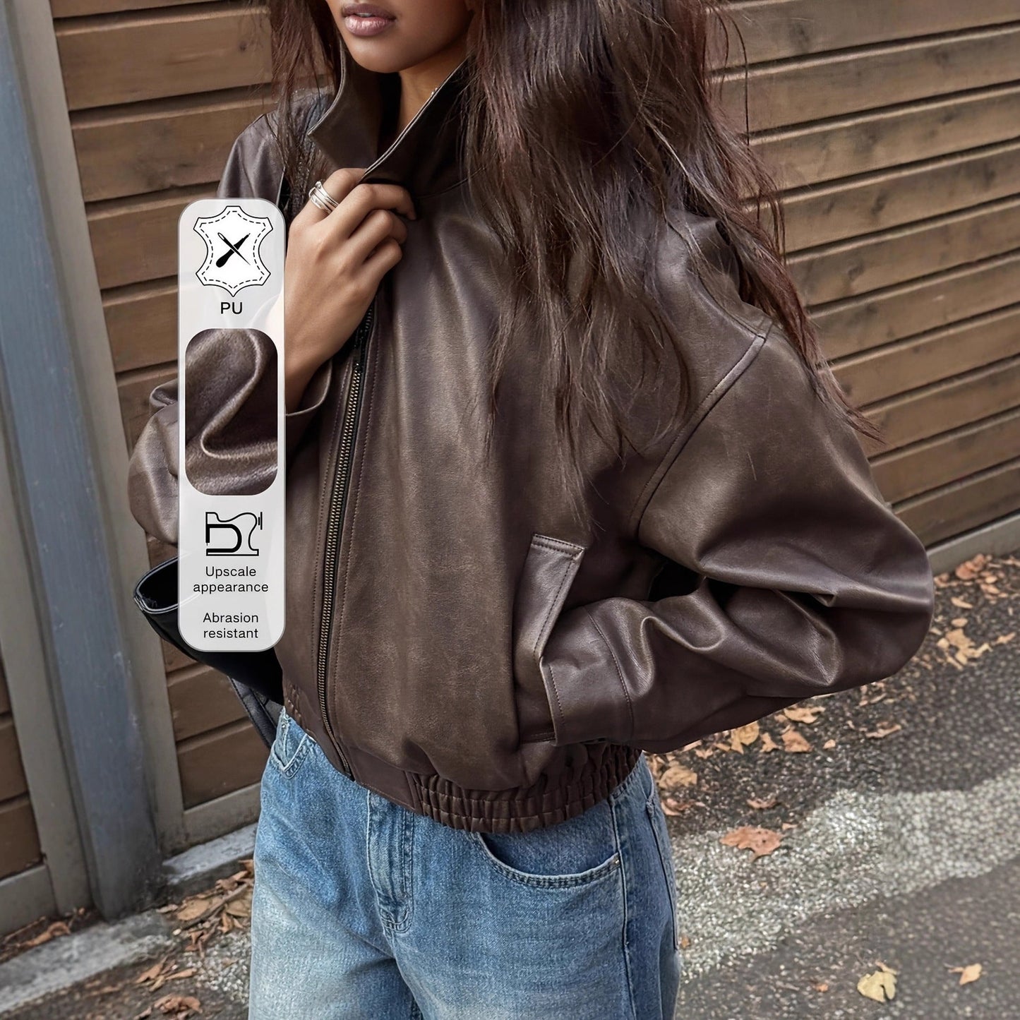 Women’s Retro Long-Sleeve Leather Jacket Vintage Chic Coat