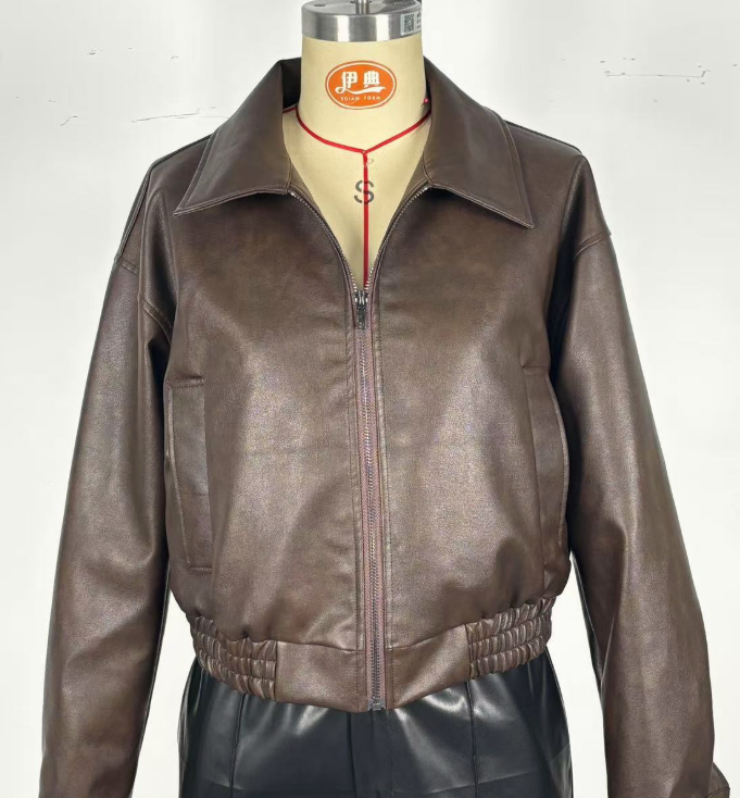 Women’s Retro Long-Sleeve Leather Jacket Vintage Chic Coat
