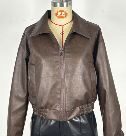 Women’s Retro Long-Sleeve Leather Jacket Vintage Chic Coat