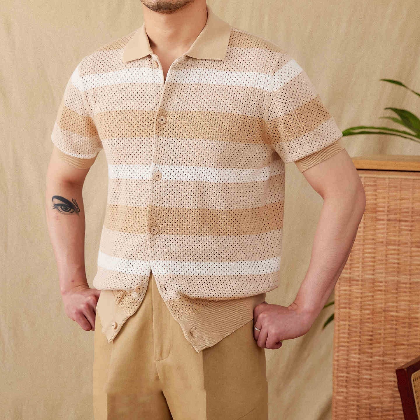Men’s Retro Casual Shirt Hollow Lapel Short Sleeve Style