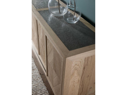Home Verite Long Media Console in Light Oak and Antiqued Gun Metal
