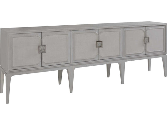 Home Elixer 6-Door Media Console in Quartered Oak and Raffia with Misty White Gray Finish
