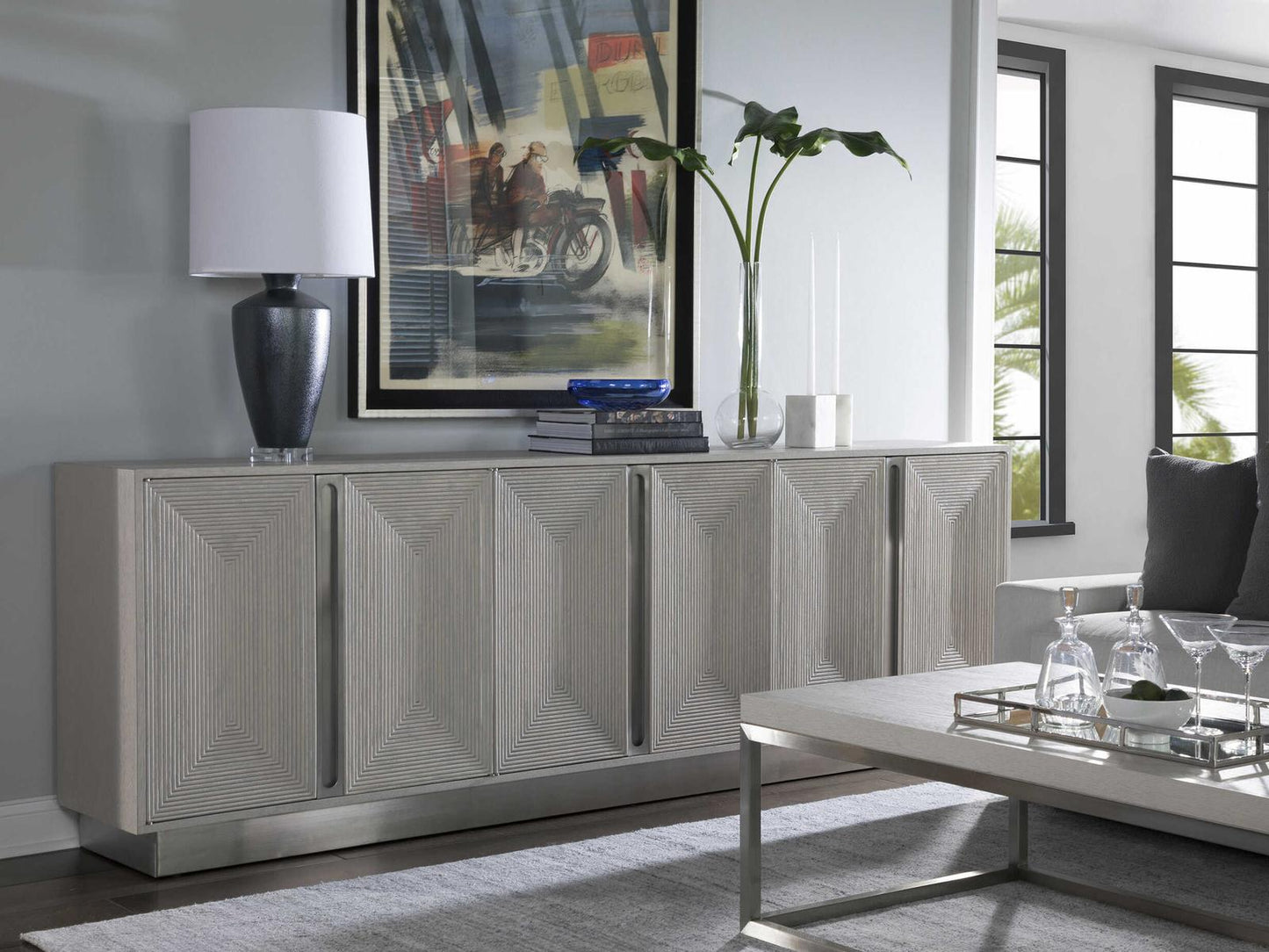 Home Gradient Long Media Console in Cerused White Grey