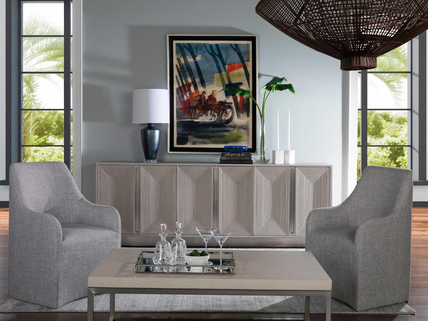 Home Gradient Long Media Console in Cerused White Grey
