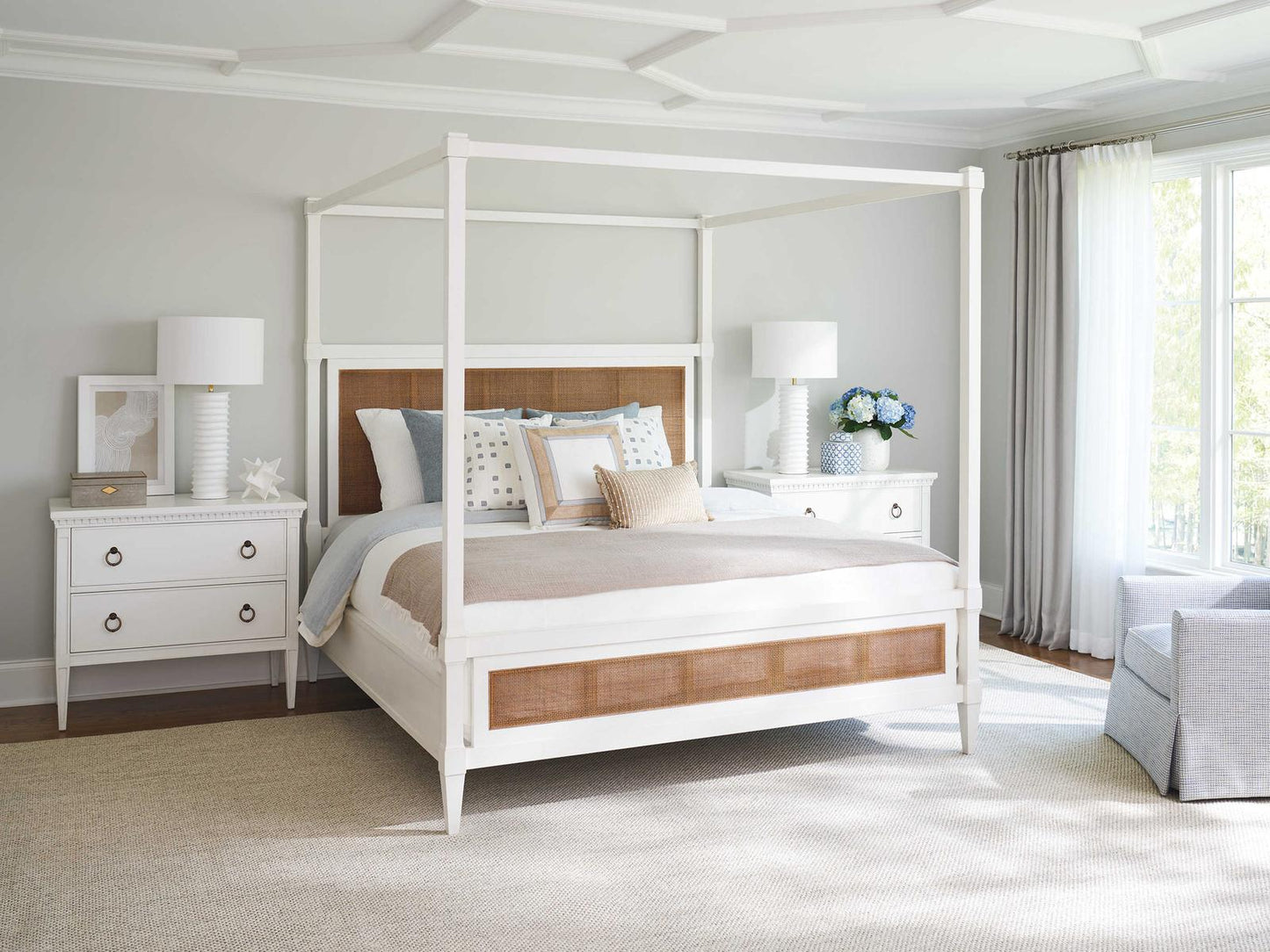 Laguna King Strand Poster Bed in Tides White with Woven Cane