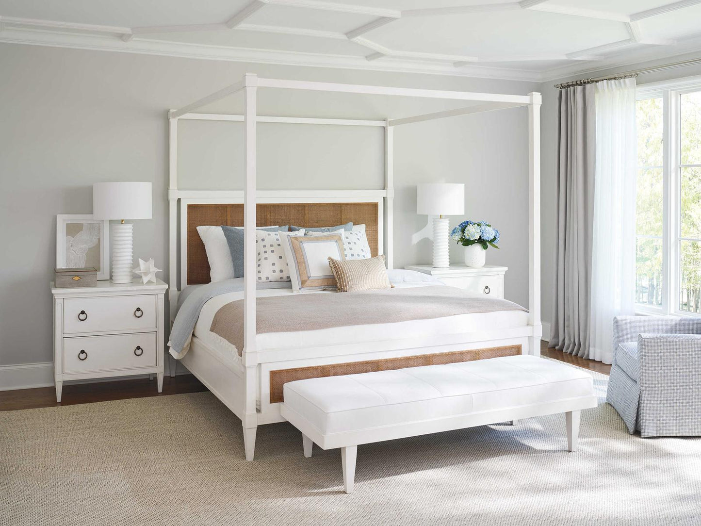 Laguna King Strand Poster Bed in Tides White with Woven Cane