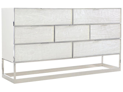 Interiors Parkhurst 7-Drawer Dresser in High Sheen White Lacquer with Stainless Steel